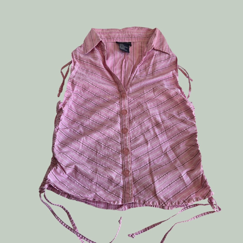 Jazzie Pink Striped Cinch Side Shoulder Sleeveless Button Down Top Y2K Small
